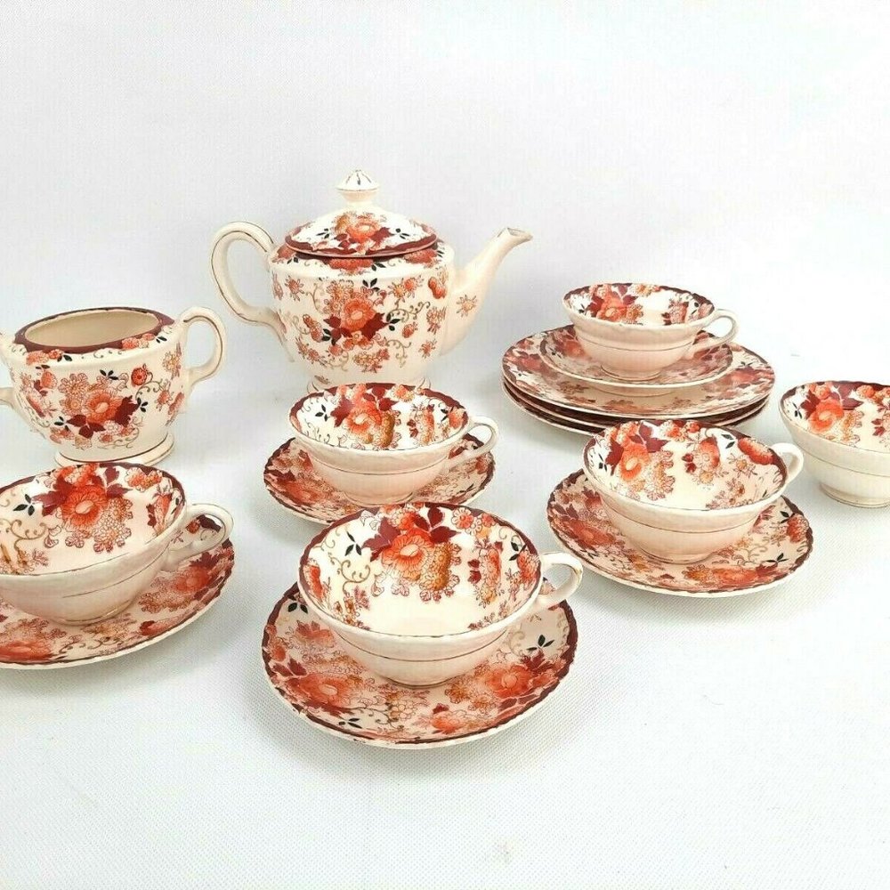 Japanese Hand-painted Red Floral Tea set 24-karat 16pc Set.